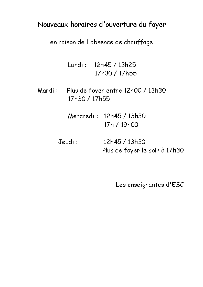 horaires ouverture foyer